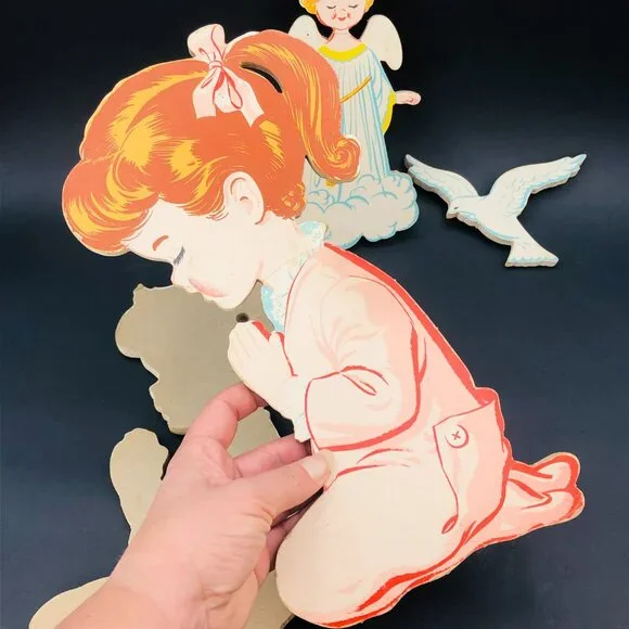 50s Dolly Toy Co Praying Kids Pressed Cardboard Wall Hangings Set Vintage Kitsch - Picture 8 of 14
